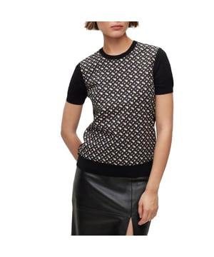Dames BOSS Fordana Sweater- Ronde hals- Korte mouwen- Voorpand met monogramprint op stof- Sluiting met glanzende metalen knopen middenachter- Metalen sluiting op zoom voor- 100% Wol.  Voorkant: 100% katoen.  Handwas - Ref: 50478818-960