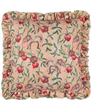 Elevate your interior décor with the Okara Elephant Printed Ruffle Cushion, a statement piece that combines artistry with elegance. Featuring a hand-painted design of elephants and pomegranates, expertly printed onto a linen-blend fabric, this cushion brings the beauty of the natural world into your home. Its textured finish and subtle the harmony of gentle hues complemented by striking accents creates a vibrant aesthetic. Framed by a ruffle trim, it offers a touch of relaxed charm that complements a variety of modern interiors. Perfect for those who value unique prints and quality craftsmanship, this cushion adds effortless style to any space.