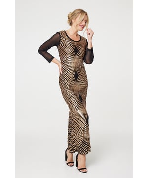 Get ready for a special occasion in style with this maxi dress. It has semi sheer mesh sleeves and a beautiful glittery design for a showstopping evening outfit. With a bodycon fit, a flared maxi hem and a split back, you're sure to feel as glamorous as you look. Style with elegant heels for a wedding, party or dinner.