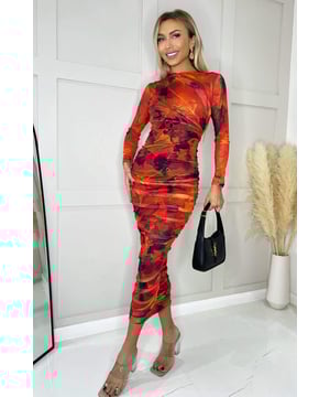 Look chic in our timeless Red Printed Mesh Long Sleeve Bodycon MidiDress. Featuring a ruched top and maxi length mesh skirt with lining,long mesh sleeves and a round neck. Pair with minimal jewellery andheels to complete the look!Model wears: UK 8/ EU 36/ US 4Model's height: 165cm/ 5'5"Approx length from centre back to hem: 130cmFabric composition: Colour: RED
*PLEASE NOTE, THIS STYLE DOES NOT HAVE A ZIP DUE TO THE GARMENT BEINGMADE OF STRETCH FABRIC*  
*PRINT POSITION MAY VARY*
