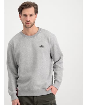 Alpha Industries Basic Small Logo Sweater. Basic crewneck sweatshirt with small Alpha logo on chest and RBF tape loop on ribbed waistband.