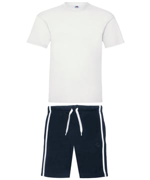 The Original Fruit of the Loom Short Sleeves T Shirts Crew neck tee with Taped Neckline for added comfort. Twin needle stitching detail on neck, sleeves and hem. Produced using Belcoro Yarn for softer feel Tshirt. Paired With Enzo Mens Relaxed Comfortable Loungewear Shorts. Adjustable Drawstring and Elastic Waistband. 2 Side Pocket Design with Contrasting Stripes to Side Branded Stitching