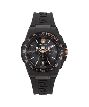 This Versace Greca Extreme Chrono Chronograph Watch for Men is the perfect timepiece to wear or to gift. It's Black 45 mm Round case combined with the comfortable Black Silicone watch band will ensure you enjoy this stunning timepiece without any compromise. Operated by a high quality Quartz movement and water resistant to 5 bars, your watch will keep ticking. This high quality watch is an incredible eye-catching Men watch. This Chronograph watch has a calendar function: Date , Stop Watch ,  and has a Swiss Made Movement High quality 21 cm length and 24 mm width Black Silicone strap with a Deployment clasp Case diameter: 45 mm,case thickness: 12 mm, case colour: Black and dial colour: Black