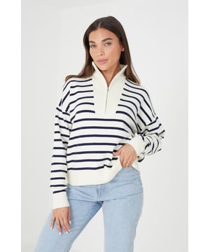 Upgrade your transitional wardrobe with this knitted jumper from Brave Soul. With a stripe design, the jumper features a half zip fastening and ribbed collar and cuffs. Team with a pair of jeans for a relaxed style. Model wears UK size S.