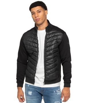 Enzo Milano Mens Hybrid Jacket features a puffer front made from lightweight polyester, which provides excellent insulation. Full zip fastening front with a elasticated collar, long contrast-fabric sleeves with elasticated cuffs. The jacket has 2 secure zip-fastening pockets, 2 inside pockets for additional storage. Finished with Enzo Milano rubberised branding on the left sleeve.