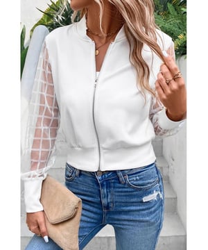 Mangas de malla blanca con diseño de rejilla  
Cierre clásico con cremallera  
Cuello alzado  
Puños y dobladillo acanalados  
Diseño de chaqueta bomber a la moda  
Longitud ligeramente corta  
Fabricada con tejido suave y elástico  
Apta para las temporadas de primavera y otoño  
Material: 65% Viscosa, 30% Poliamida, 5% Elastano