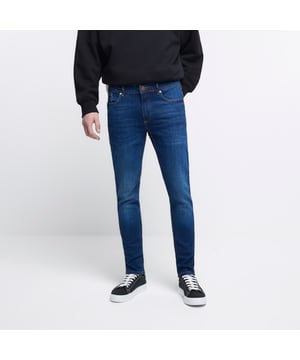 Blue stretch denim fabric, Skinny fit, Button and zip fastening, Belt loops, Five pocket detail, Our model wears a UK 32 regular and is 186.5cm/6'1.5'' tall, Cotton for this product has been more responsibly sourced