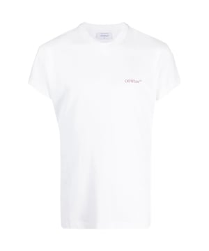 Blijf stijlvol met dit gebroken witte slanke T-shirt. Met een iconisch logo op de borst, is deze T -shirt zeker een gespreksaanzet. Pronk met je unieke stijl! Iconisch logo aan de voorkant, pijlontwerp op achterste witte witte tee, slank pas 100% katoen, gemaakt in Portugal, Crew Neck, Streetwear ,, Code met korte mouwen: OMAA162F23JER0080129
