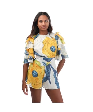 Women's Sundress Amanda Jumpsuit in Multicolour.- Little tie closure.- Sleeves are made up with series of gathered flounces.- Integrated belt.- Open back.- Little tie closure adorned by a flounce.- 88% Cotton, 12% Metallic Yarns. Ref: S24007.