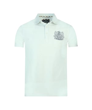 Aquascutum Aldis Crest borstlogo wit poloshirt. Aquascutum wit poloshirt. Aldis-logo, korte mouwen. Stretch pasvorm 95% katoen 5% elastaan. Normale pasvorm, valt normaal qua maat. Stijl QMP026 01
