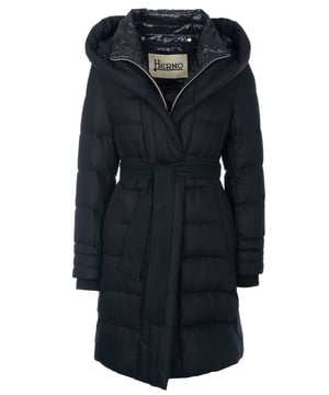 70% viscosa, 30% lana; abrigo de herno;  Modelo: PI1334D33278 9300;  Mano de obra de alta calidad;  capucha;  cuello alto;  Cierre de botón en el cuello;  Chaqueta cortavientos desmontable con cremallera bidireccional y botones a presión;  Dos bolsillos laterales delanteros;  cinturón de corbata;  dobladillo con cordón elástico;  forro hacia abajo;  Detalles del logotipo de Herno.