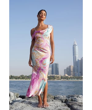 - Satin finish - Marble print - Cowl neckline - Drape straps - Model height: 5' 7" - Model wears uk 8 / us 4 / eur 3 - Always check the care wash label - Cool hand wash with mild detergent