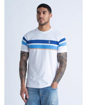 The classic crew neck tee from LUKE is cut from a super soft cotton and features contrast yarn dyed stripes across the chest and sleeves. It is detailed with soft rib trims throughout and is complete with the brand's iconic raised lion print on the left chest.