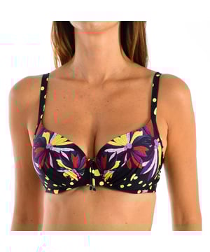 Women's bikini top.
 Super flattering bra cut, with underwire and adjustable straps, on a lively floral print and yellow dots.
 Color Black-patterned
 Avant-garde fabric with high molding power, high resistance to chlorine, tanning creams and oils, and excellent moisture absorption properties.

 Composition: Exterior: 80% Polyamide, 20% Lycra; Interior: 53% Elastane, 38% Lycra, 9% Polyamide.

 Handwash.
 Do not iron or use bleach.
 Do not tumble dry.
 Do not twist to drain.
 Composition: Outer: 80% Polyamide, 20% Lycra; Interior: 53% Elastane, 38% Lycra, 9% Polyamide.
 Care:
Handwash.
 Do not iron or use bleach.
 Do not tumble dry.
 Do not twist to drain.