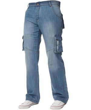 Kruze Heren Designer Cargo Combat Multi Pocket Denim Jeans. 7 zakken inclusief muntgeld, zijzakken. Achter- en zijzakken zijn beveiligd met knoopsluiting. Contrasterende stiksels, verstelbare cinch aan de achterkant. Verstelbare schakelaar aan de zomen. Ideaal voor vrijetijds- en werkkleding. Knoopsluiting. Merkknopen en klinknagels.