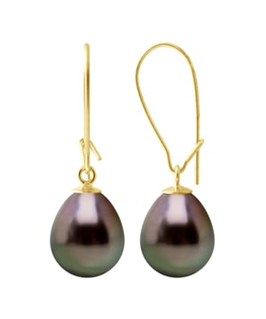 Ohrringe, echte TAHITI-Zuchtperlen, Birne, 9–10 mm, Gelbgold 375, Sicherheitsverschluss, unverlierbar, Lieferung mit Echtheitszertifikat und internationaler Garantie, hergestellt in Frankreich.