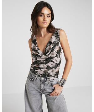 Floral print, Sequin detail, Cowl neckline, Sleeveless