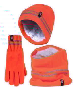 We have come up with innovative ideas to keep us warm no matter what. Here is an example combining the hat, gloves and neckwarmer products into a classic reflective hi-vis 3 piece set that workers and cyclists alike definitely need on those cold and dark winter nights. This Hi-Vis Set comes with a beanie hat, a pair of gloves and a thick neck warmer and with two lines that strike on the middle are reflective bands that allow light to bounce off for higher visibility in the dark. This men's reflective set have different tog ratings: The hat is 4.7 tog rating higher than the original Heat Holders mens hat. The gloves have a 3.2 tog rating, making them 10X warmer than a normal pair of gloves and the neck warmer has 2.9 tog rating, much warmer than your standard neck warmer. This plush fur-like thermal lining maximises the amount of warm air held close to the body. Special Heat Holders yarn also provides high performance insulation against the cold and has superior moisture wicking breathing abilities. This set is a versatile and effective way to stay warm. The hat has a stretchable knitted construction, while the gloves have secure cuffs that hug the wrist firmly to retain extra heat and the neckwarmer contours around the neck and chin to keep out cold drafts. Heat Holders hi-vis sets come in 3 colours including Orange, Yellow and Black. The hat and neck warmers are available in one size and the gloves come in 2 size options: S/M or L/XL. They are made from 89% Acrylic and 11% Polyester on their outer and 100% Polyester inside. They are machine washable.