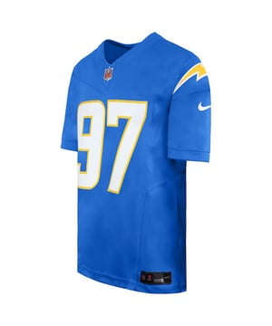 The Nike NFL Los Angeles Chargers #97 Joey Bosa Home Limited Jersey is an officially licensed NFL jersey that allows you to proudly represent your favorite team and player. Whether you're cheering for the Chargers at SoFi Stadium, watching the game from home, or displaying it as part of your sports memorabilia collection, this jersey is the ultimate way to showcase your support for Joey Bosa and the Los Angeles Chargers.

Key Features:

 Officially Licensed:  This jersey is officially licensed by the NFL, ensuring its authenticity and adherence to league standards.

 Player-Specific Design:  The jersey is designed to replicate the style and fit of the jerseys worn by Joey Bosa on the field, providing an authentic player experience.

 High-Quality Materials:  Crafted from high-quality, durable materials that are designed to withstand the demands of the game.

 Stitched Numbers and Letters:  The jersey features stitched player number and name on the back, enhancing durability and creating a premium appearance.

 Team Logo and Colors:  The Los Angeles Chargers' team logo and colors are prominently displayed on the jersey, representing your team pride.

 Limited Edition:  Limited edition jerseys often have additional design details, making them unique collector's items.

 Comfortable Fit:  This jersey offers a comfortable fit, allowing for ease of movement and making it suitable for both game days and casual wear.

 Versatile Style:  Whether you're at SoFi Stadium, watching with friends, or wearing it in your daily activities, this jersey complements various outfits and is a versatile choice for any occasion.

The Nike NFL Los Angeles Chargers #97 Joey Bosa Home Limited Jersey is a premium fan apparel item that allows you to proudly display your love for Joey Bosa and the Los Angeles Chargers. Whether you wear it to support the team on game days or showcase it as part of your sports memorabilia collection, this jersey is a special way to express your passion for football and your favorite player and team.