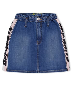 Juniors Off White Logo Band Denim Skirt in light blue denim.- Elasticated waistband.- Zip fly and button fastening. - Off-White black and light pink band at sides.- Rear pockets.- Main material: 98% Cotton  2% Elastane.  Details: 100% Polyester.  Machine washable.- Ref: OGYF0010014010