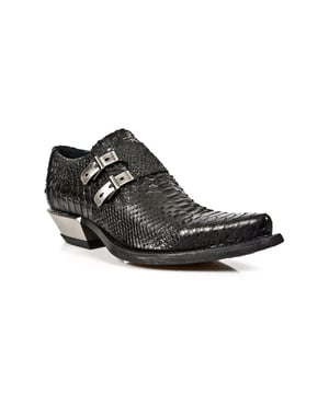 Part of the iconic West collection, these shoes pair the formal dress silhouette with a retro Western design that results in a truly unique and stylish piece. The shoe is made eye catching by the introduction of a snakeskin textured upper which highlights the prestigious quality of the cow hide leather New Rock uses here. For added character, metallic features are implemented at the straps in the form of buckles and at the heel where steel is used to create a dazzling appearance. , Heel Height - 4cm, Platform Height - 1cm, Shaft Height - 7cm, Outer Material - Cow Hide Leather