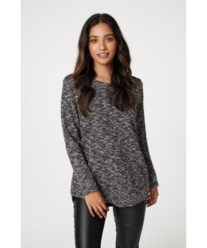 Elevate your casual wardrobe with this marled longline pullover. It has a round neck, long sleeves, a button embellishment at the shoulders, relaxed fit and a thigh length hem. Pair with jeans and trainers for an on-trend weekend look.