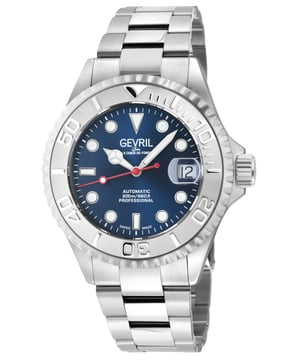 Reloj Gevril para hombre, Wall Street, esfera azul claro con efecto de sol, bisel plateado, pulsera de acero inoxidable 316L.