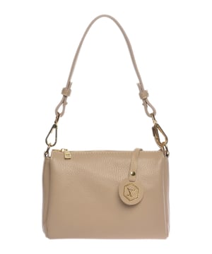 Bolso de mano  
100% cuero de vaca  
Cierre magnético en la parte superior  
Cierre con cremallera en la parte superior  
Bolsillo interno con cremallera  
Dos compartimentos  
Dimensiones: 14x19x6.5 cm  
Correa de hombro: 45 cm fija y 120 cm