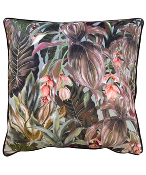 An opulently printed velvet cushion featuring an array of bright, tropical florals in various vivid shades, set on a dramatic, vibrant background. Finished with a contrast piped trim, soft plain velvet reverse and zip fastening. This beautiful cushion adds a pop of bold, fresh colour to your home furnishings.