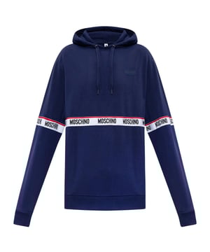 Sudadera con capucha Moschino azul marino, puños y cintura elasticos, capucha con cordon, cinta de la marca Moschino alrededor de la parte inferior del pecho y alrededor de los brazos, 95 % algodon, 5 % elastano, marca en el lado izquierdo del pecho, coleccion Moschino, sudadera con capucha azul, marca grabada, logotipo monotono en el pecho