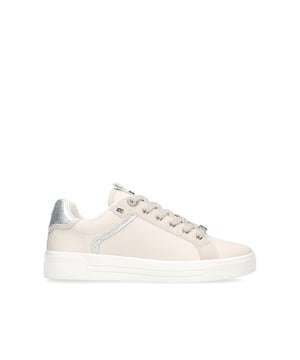 The KG Kurt Geiger Lillian is a blush sneaker with crystal embellishment on the heel and side panels. There is a gold KG Kurt Geiger stud on the tongue and heel.