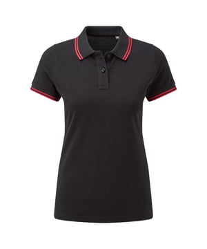 Fitted polo for women with tipped contrast detail to the collar and cuffs. Features two contrast coloured buttons on placket and a contrast colour on side vents. Also includes twin-needle stitching on hem and a ribbed knit collar and sleeve cuffs. Sizes: XS (8 UK), S (10 UK), M (12 UK), L (14 UK), XL (16 UK), XXL (18 UK). Materials: 100% ringspun combed cotton, Other materials: (Charcoal) 60% cotton, 40% polyester, (Heather Grey) 85% cotton, 15% viscose.