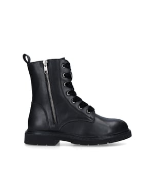 Make light work of autumnal dressing with the new Strategy 2 boot. This combat inspired ankle boot is crafted in black leather for enduring style and is accompanied by a cleated outsole, heavy duty silver zip fastening, and secure lacing system.  The wide, velvet touch laces add feminine appeal to the edgy biker styling.