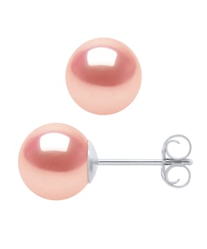 Earrings of White Gold 375 and true Cultured Freshwater Pearls RONDES 7-8 mm - 0,31 in - Natural Pink Color Push system - Our jewellery is made in France and will be delivered in a gift box accompanied by a Certificate of Authenticity and International Warranty