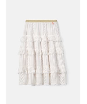 Add a delicate piece to their occasion wardrobe with our all over mesh lace midi skirt. Cut from vintage white mesh lace featuring a metallic waistband which falls into a tiered midi silhouette. Wear with our matching shell top for the prettiest outfit.. About Me: Shell- 100% Nylon. Lining- 100% Polyester. Look After Me: Think Planet. Wash At 30C.
