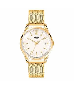 Henry London Unisex Horloge Kwarts Goud• Materiaal kastdeksel: Staal• Soort glas: Mineraal• Materiaal Band: Roestvrij Staal• Kleur kast: Goud• Waterdichtheid: 0 m (0 ATM)• Diameter: 39 mm