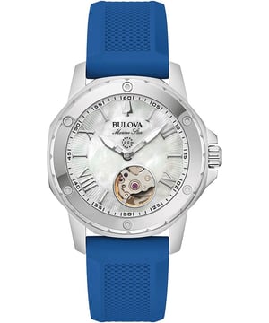 This Bulova Marine Star Analogue Watch for Women is the perfect timepiece to wear or to gift. It's Silver 34 mm Round case combined with the comfortable Blue Silicone watch band will ensure you enjoy this stunning timepiece without any compromise. Operated by a high quality Automatic movement and water resistant to 10 bars, your watch will keep ticking. High quality 19 cm length and 17 mm width Blue Silicone strap with a Buckle Case diameter: 34 mm,case thickness: 10 mm, case colour: Silver and dial colour: Mother of pearl Water resistant: 10 bars-Weight: 60 g