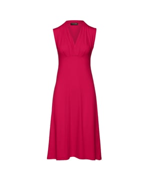 Summer dress in solid colour stretch jersey fabric. Sleeveless with a deep V neckline with pleats on the left and right. Seam detail under the bust with pleats below. Empire line with an A line silhouette. Knee length. Measurements for size 36 (in cm): Shoulder -35; Chest-38; Waist-38; Bottom-68;Body length-106. 92%viscose-8%elastan