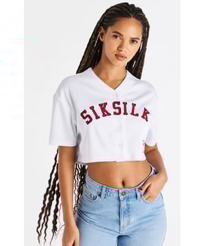 inchWhite Baseball Crop JerseyCrop fitSoft touch fabricApplique branded logoWoven badge brandingButton frontMachine wash100% PolyesterModel 5ft 7in and wears a size XS inch