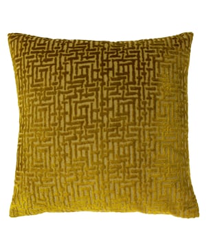 Perfect to add colour and texture to any room, the Delphi cushion features a maze-like design on a velvet jacquard for a plush finish. Contrasted with the linen-look reverse, for contemporary style.
