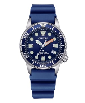 This Citizen Promaster Analogue Watch for Women is the perfect timepiece to wear or to gift. It's Silver 36 mm Round case combined with the comfortable Blue Silicone watch band will ensure you enjoy this stunning timepiece without any compromise. Operated by a high quality Eco-Drive movement and water resistant to 20 bars, your watch will keep ticking. ECO-DRIVE - Eco-Drive is a 40-year-old core technology from CITIZEN that generates power even in dim light, allowing watches to run for over six months even in the dark. This Analogue watch has a clendar function: Date, Solar Powered, Luminous Hands, Luminous Numbers and Screw Down Crown High quality 19 cm length and 20 mm width Blue Silicone strap with a Buckle Case diameter: 36 mm,case thickness: 11 mm, case colour: Silver and dial colour: Blue