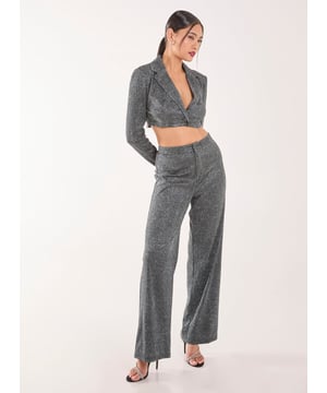 Get ready to party in these Glitter High Waisted Trousers. Grab your girls and hit the dancefloor in the party 'fit of the season. Finish the look with our Glitter Cropped Blazer.
