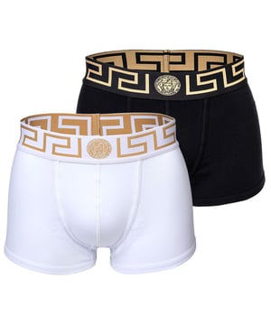 Zwei elegante Herren Boxer Shorts der Marke VERSACE. Hochwertige Unterhosen mit Greca-Muster und Medusa-Motiv am elastischen Bund. Sehr hohe Qualität.