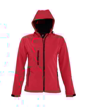 Breathable, windproof and water resistant. Shaped fit. Taped neckline. Hood with adjustable drawcord. Collar high full zip with inner storm flap and chin guard. Two front zip pockets and one right chest zip pocket. Tear release adjustable cuffs. Adjustable drawcord at hem. Drop tail. Access for decoration. Material: Stretch soft shell fabric has a 94% polyester/6% elastane outer, membrane and polyester fleece backing. Ladies size: S(8/10), M(12), L(14), XL(16), XXL(18).