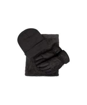 100% Polyester. Stof: Fleece, Gebreid, Zacht Aanrakend. Manchet: Verstelbare polsband. Inhoud: 1 muts, 1 halsbeschermer, handschoenen. Omkeerbaar. Waterbestendig.
