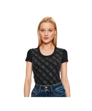 T-Shirt Guess Strass 4G Damen Schwarz Baumwolle. Authentisches Kleidungsstück der Marke Guess - Streetwear/Sportswear Design von Guess - Guess für modebewusste Frauen, perfekt für den Alltag - Schwarzes Guess T-Shirt lässt sich hervorragend mit dem Rest Ihrer Garderobe kombinieren - bequeme Baumwollmaterial - klassisch - Strass 4G -