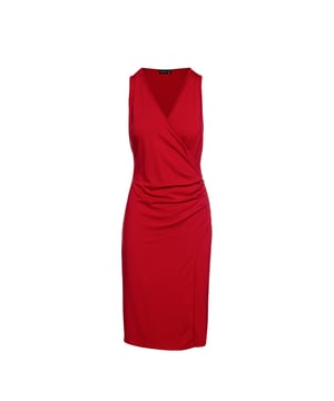 Solid colour sleeveless dress in stretch jersey fabric: viscose-elastane.  Wrap style in the front culminating in pleats at the waist on the left front side.  Solid colour stretch lining at the back. Measurements for size 38/M (in cm):Shoulder width-29, Bust-38, Waist-32,  Hemline-42, Body length-102. 92%viscose-8%elastan
