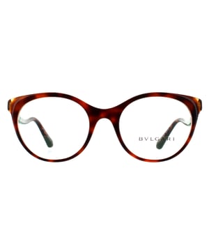 Bvlgari Cat Eye Womens Havana Amber Yellow Clear Glasses Frames Bvlgari are a lovely round shape with cats eye lift to the corners and some gorgeous ceramic detailing on the temples typical of the Bvlgari collection.