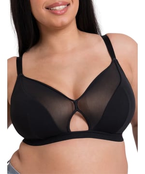Curvy Kate Get Up And Chill Non-Wired Bralette. Non-wired soft cup bra with breathable mesh panels, keyhole detail, dual cup sizing and featuring lightweight mesh for gentle lift and support and soft microfibre outer for a smooth shape. Product is recommended as hand wash only.