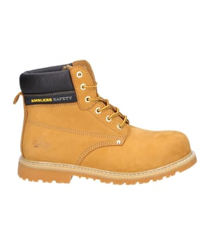 Tough and hardwearing goodyear welted safety boot made with leather upper, steel toe & midsole, padded collar and nitrile rubber outsole  -Hardwearing steel toe cap boot with mid-sole protection. -3 eyelets, ankle high speed lacing + hem eyelet for extra support. -Padded collar and tongue for comfort. -Pull on loop. -Goodyear welted rubber sole -Conforms to EN ISO 20345:2011 safety footwear standards -Safety Footwear Category: SB-P. -Toe protection tested to 200 joules impact. -Penetration resistant steel midsole tested 1100 newtons. -Passes SRA Slip Resistance Standards.